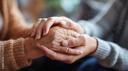 Elderly hands comforting younger hands in grief support generational care faces defocused bereavement mental health faith community loss support with copy space