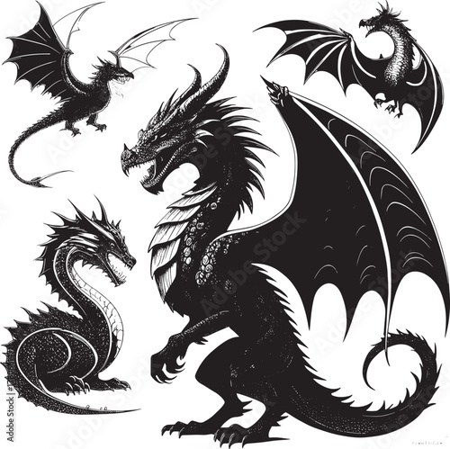 A traditional Japanese black dragon vector illustration with a tribal tattoo design silhouette and ancient mythological symbolism