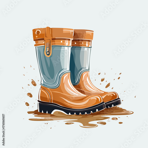 Pair of Muddy Brown and Blue Rubber Rain Boots Standing in a Puddle.