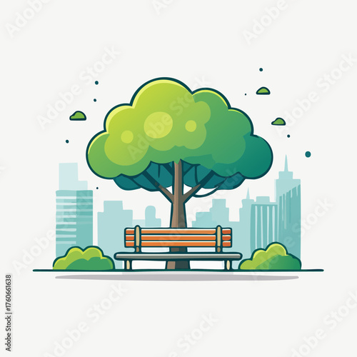 Park Bench Under Tree with City Skyline Background Illustration.