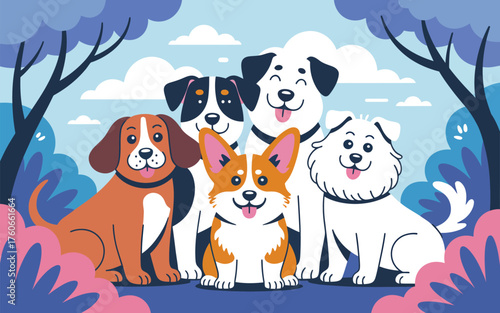 Adorable furry friends A charming group of diverse dog breeds happily gathered in a vibrant outdoor park setting, celebrating canine companionship and playful spirit in a joyful illustration