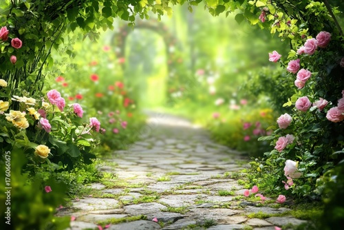 Garden pathway surrounded by blooming flowers in a serene landscape during bright daylight
