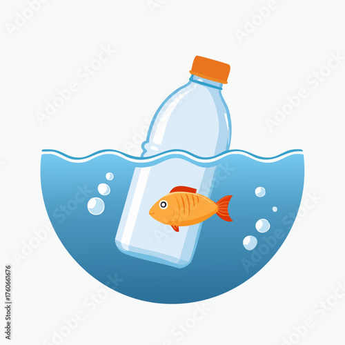 Plastic bottle polluting ocean water with fish swimming around.
