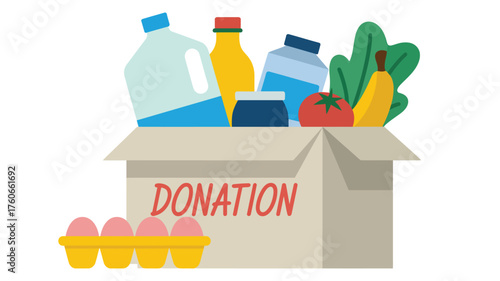 Community support food drive, essential groceries for donation, box of nutritious provisions for charity, humanitarian aid and assistance concept