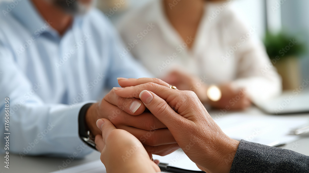 Fototapeta premium Counselor's hands gesturing between couple's hands on table marriage therapy faces defocused relationship mental health Christian counseling session pastoral care office with