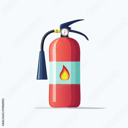 Red Fire Extinguisher with Flame Icon on White Background.