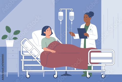 A caring doctor with a clipboard attending to a patient in a hospital bed with an IV drip and supportive care, showing medical attention and compassion