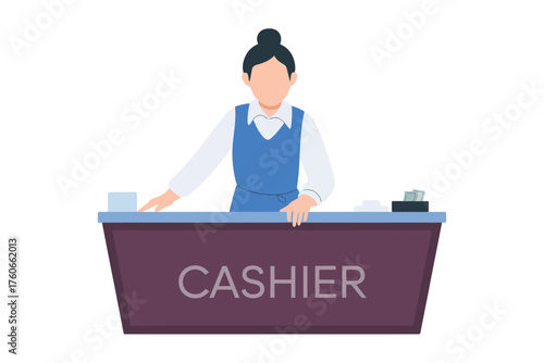 Diligent professional female cashier working at a modern retail counter, efficiently processing customer payments and providing friendly, excellent service in a commercial environment illustration