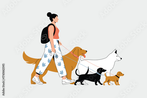 Dog Walker with a Pack of Dogs A Vector Illustration of a Woman Walking Multiple Dogs on Leashes, with a Grey Background