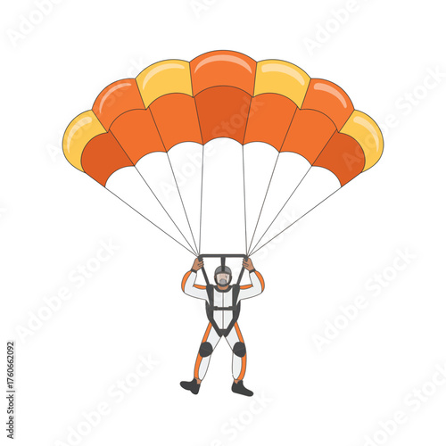Skydiving illustration featuring an individual person gracefully descending with an open orange parachute, perfect for adventure, sports, and aerial-themed concepts