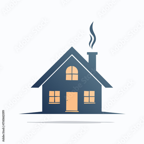 Simple Blue House with Smoke Coming from Chimney.