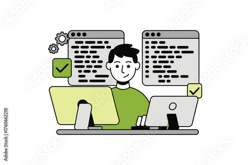 Vector concept of a skilled software engineer efficiently writing and debugging programming code on a modern dual-screen workstation setup