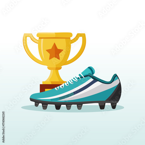 Soccer Cleat and Golden Trophy Celebrating Victory.