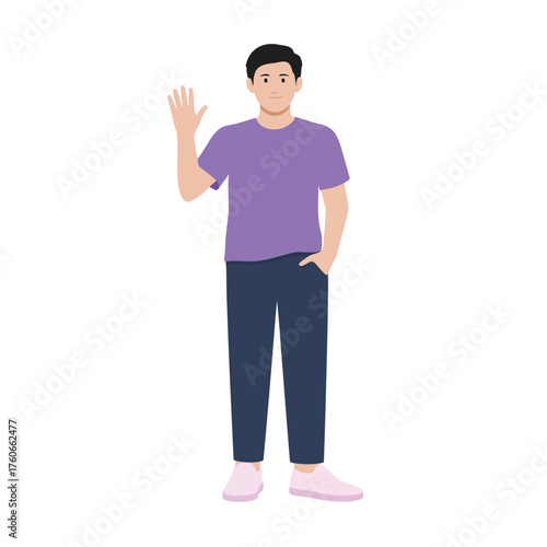 Flat illustration of a friendly young man in a purple t-shirt, with an open-hand greeting gesture. Conveys approachability, welcome, and positive social interaction