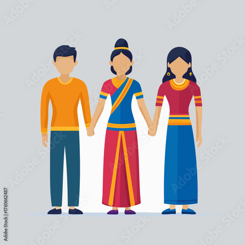 Three Indian People in Traditional Attire Holding Hands.