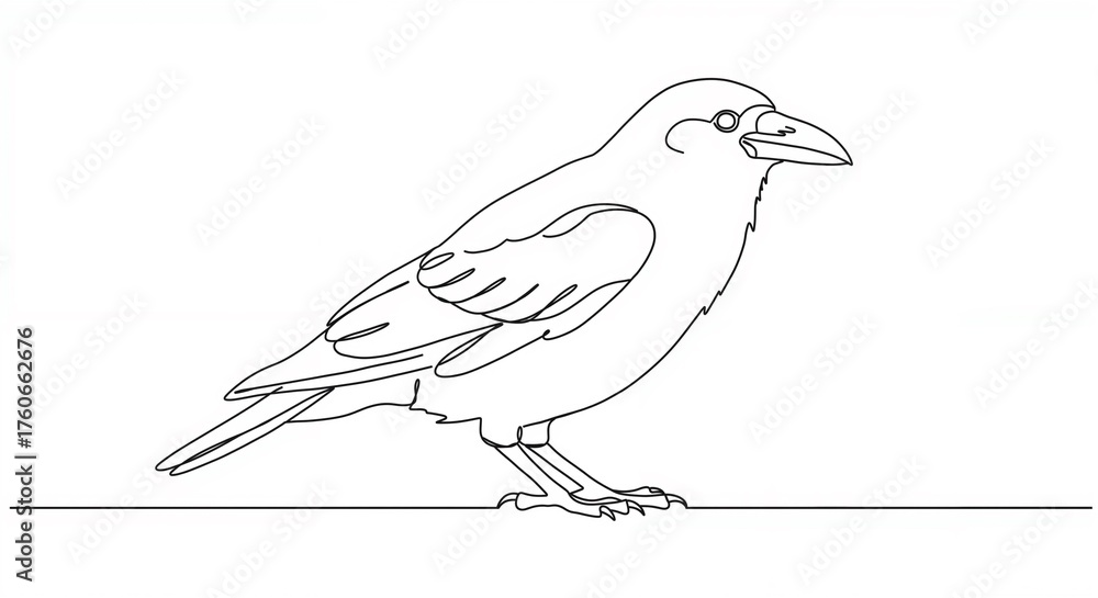 Fototapeta premium Intelligent crow watchful with black feathers in continuous line art against a white background with copy space