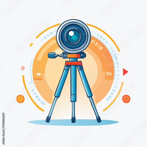 Vector illustration of a professional camera on a blue tripod stand.