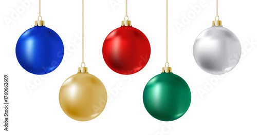 Bright multicolor Christmas balls set isolated on white background. 3D ball of vibrant blue, red, green and golden pure color hanging on a chain. Vector clipart, New Year realistic decoration.