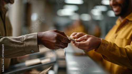 Ministry volunteer's hands distributing materials to inmates' hands prison service faces defocused incarceration mental support reentry faith program institutional setting