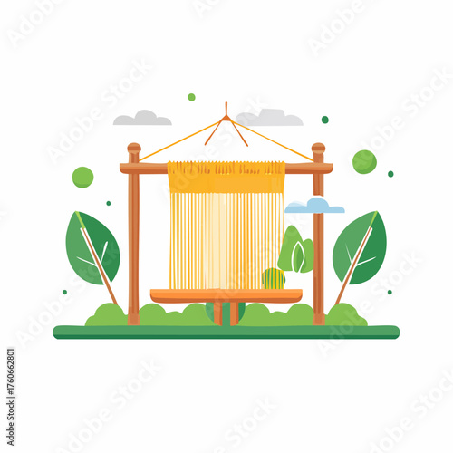 Weaving loom illustration with nature elements and green leaves.