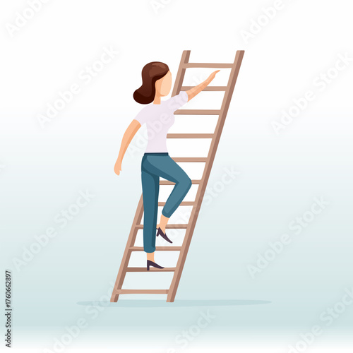 Woman climbing a ladder reaching for success and career growth.