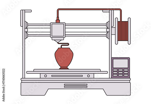 Fused Deposition Modeling FDM 3D printer in operation showing the nozzle extruding material to build with filament spool manufacturing technology