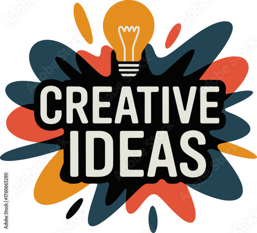 Creative ideas text with colorful splash background and lightbulb symbol design illustration

