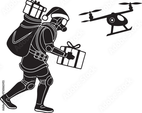 Vector silhouette of a robot Santa delivering presents with drones