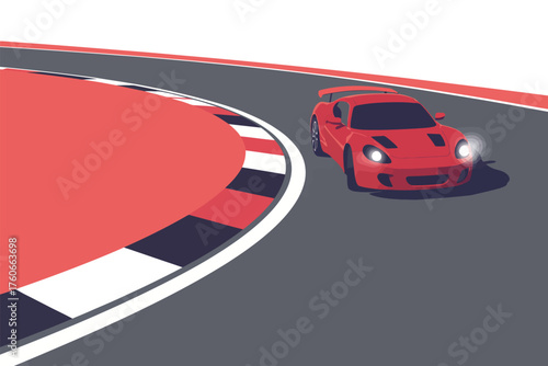 Red sports car cornering on a race track, a vibrant illustration embodying the thrilling pursuit of speed, precision, and high-performance driving