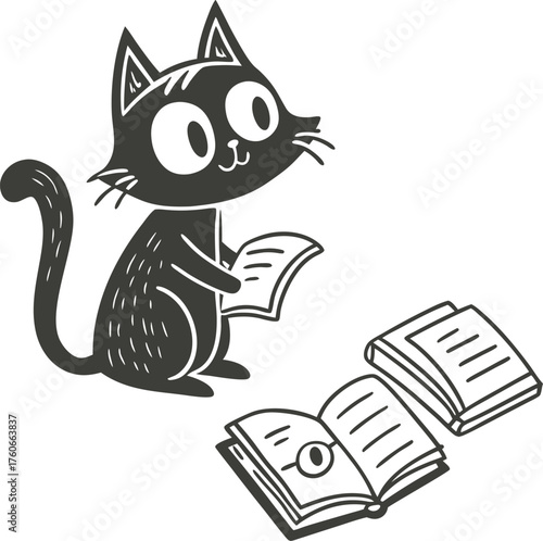 Cute cartoon black cat reading books isolated on white background