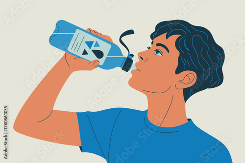 A young person in a blue t-shirt drinks from a clear plastic water bottle with a blue label, illustrating hydration and refreshment on a neutral background