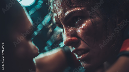 Sweaty female boxer in a clinch