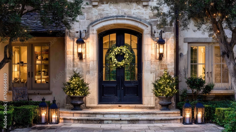 Fototapeta premium Elegant entrance of a home decorated with festive lights and greenery.