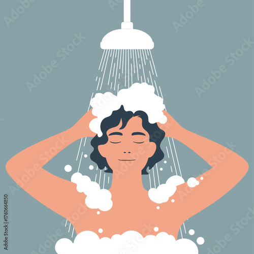 A tranquil scene of a person indulging in self-care, lathering their hair with shampoo under a warm shower for a refreshing start to the day