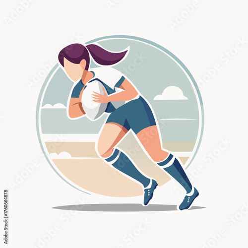 Dynamic illustration of a female rugby player in action, running with the ball on the field.