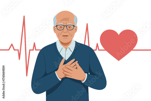 Elderly man experiencing chest pain, possibly a heart attack, with heart rate monitor and heart symbol in background symbolizing cardiac distress and health concerns