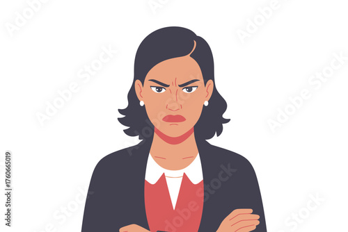 Frustrated business woman with arms crossed, conveying anger and displeasure with intense facial expression, symbolizing conflict or disagreement
