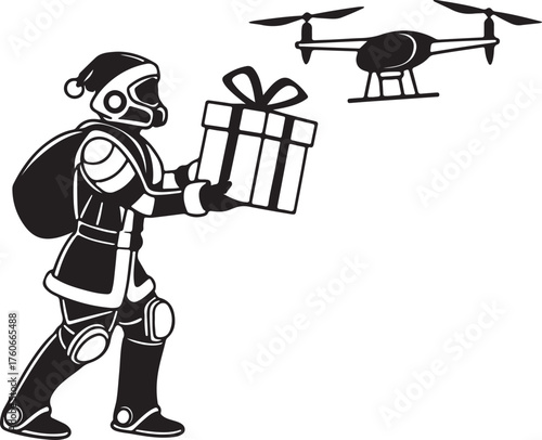 Vector silhouette of a robot Santa delivering presents with drones