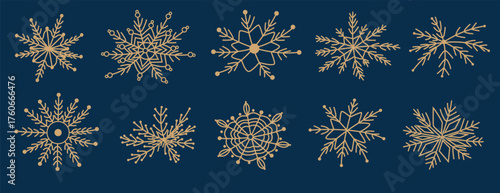 Golden snowflakes on a blue background in doodle style. Hand-drawn vector illustration of snowflakes. Festive frosty elements in a minimalist style. Snowflake icons, snow symbol. Snow