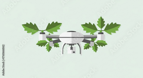 Ecofriendly drone with leaf propellers, promoting sustainable technology and environmental conservation on light green background