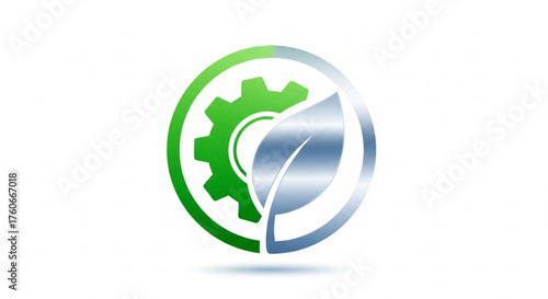 Eco industry, a symbol of sustainable manufacturing and green technology with gear and leaf in a circle