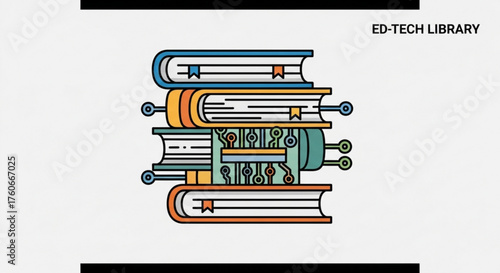Edtech library illustration featuring books with digital circuit patterns, symbolizing the integration of technology and education