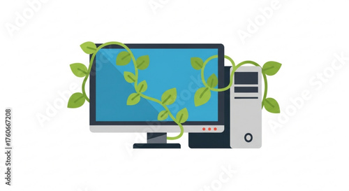 Computer with green leaves, symbolizing ecofriendly technology, sustainable computing, and environmental responsibility in it
