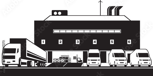 Distribution of goods from truck to delivery vans in warehouse - vector illustration