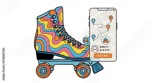 A colorful roller skate with a smartphone displaying a map and rating, , representing mobile navigation and vintage fun