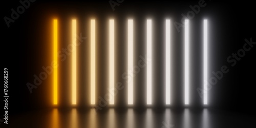 Row of light slits showing different color temperatures from warm orange to cool blue on dark background