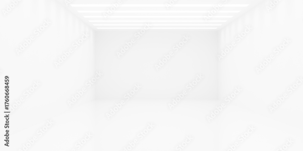 Obraz premium Empty blank white room background with row of inset stripe lights in the ceiling, modern interior template
