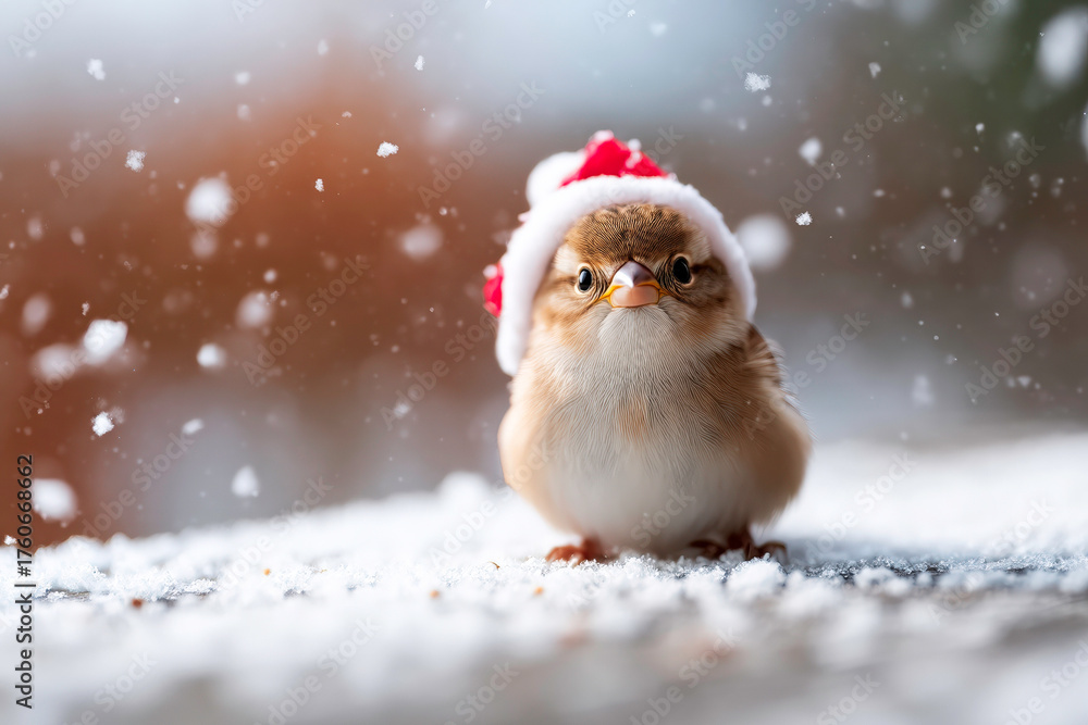 Fototapeta premium Swift wearing Santa hat on snowy ground fast flying bird winter holiday concept