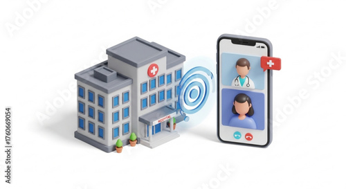 3d rendering of hospital building and smartphone with doctor video call, , representing telemedicine and online healthcare