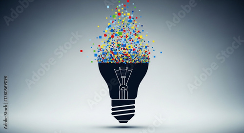 A creative light bulb idea with colorful confetti exploding out of it against a gray background, symbolizing innovation and inspiration